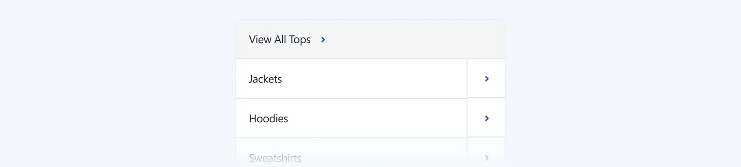 Menu with options to view all tops, jackets, and hoodies, each with a right arrow indicator.