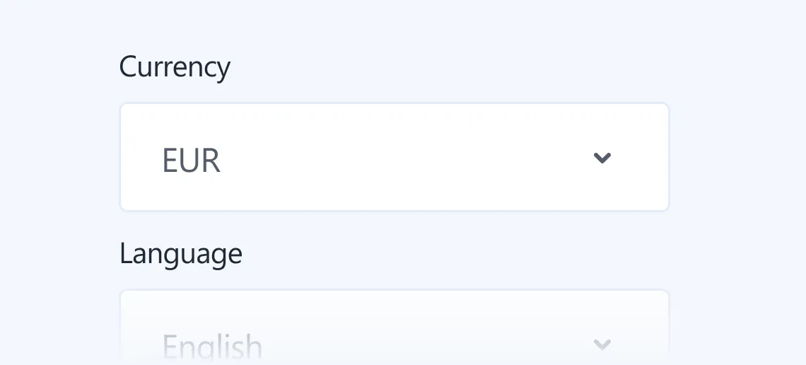 Dropdown selector showing currency set to EUR and language selection below it.