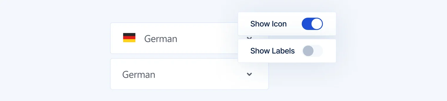 Two dropdown menus labeled German with one showing a German flag and toggle options for icon and label visibility.