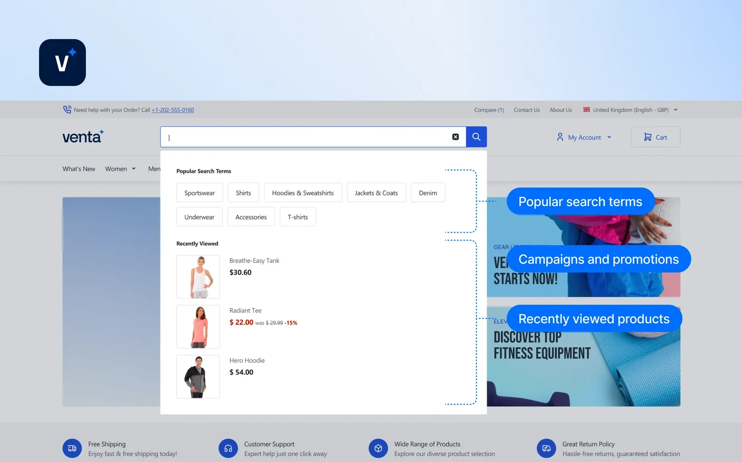 Venta website search dropdown showing popular search terms and recently viewed product listings with images and prices.