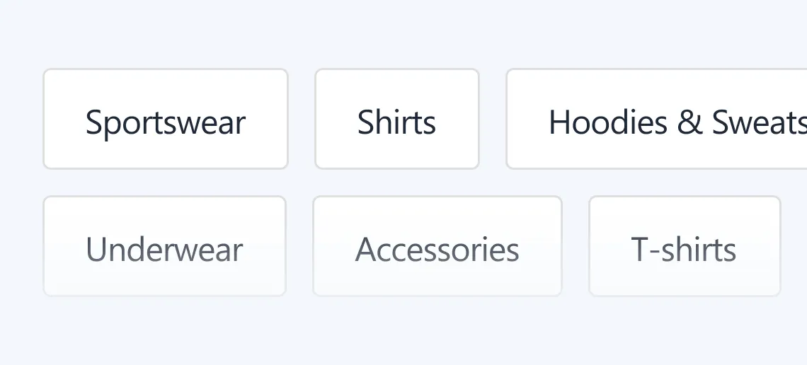 Clothing category buttons labeled Sportswear, Shirts, Hoodies & Sweats, Underwear, Accessories, T-shirts.