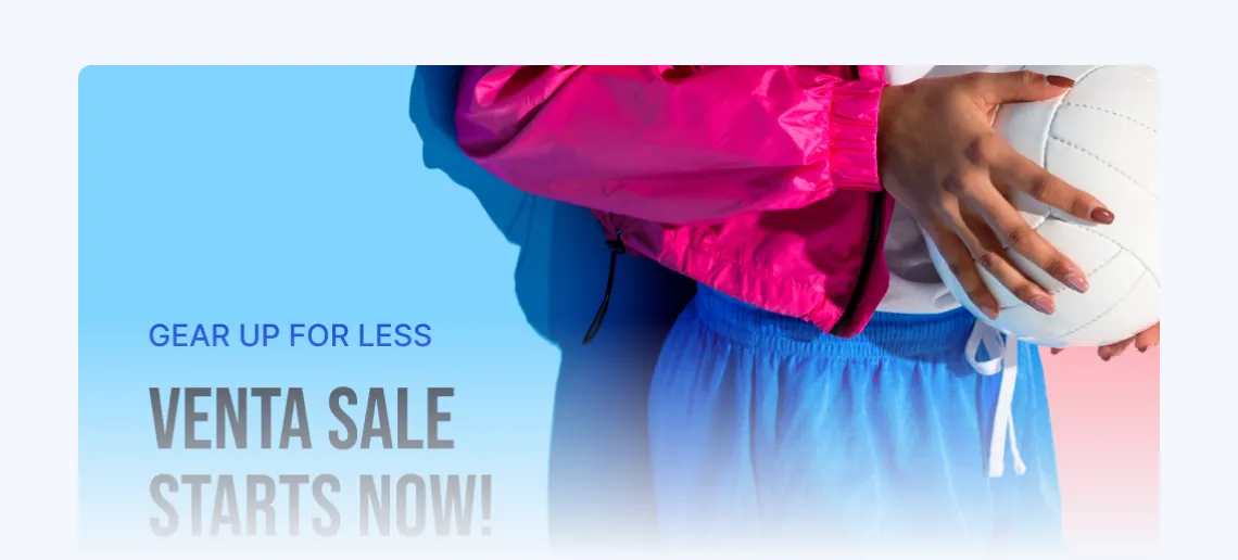 Person in pink jacket and blue pants holding a white volleyball, with sale text on blue background.