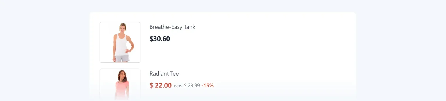 White Breathe-Easy Tank priced at $30.60 and pink Radiant Tee discounted to $22 from $29.99.