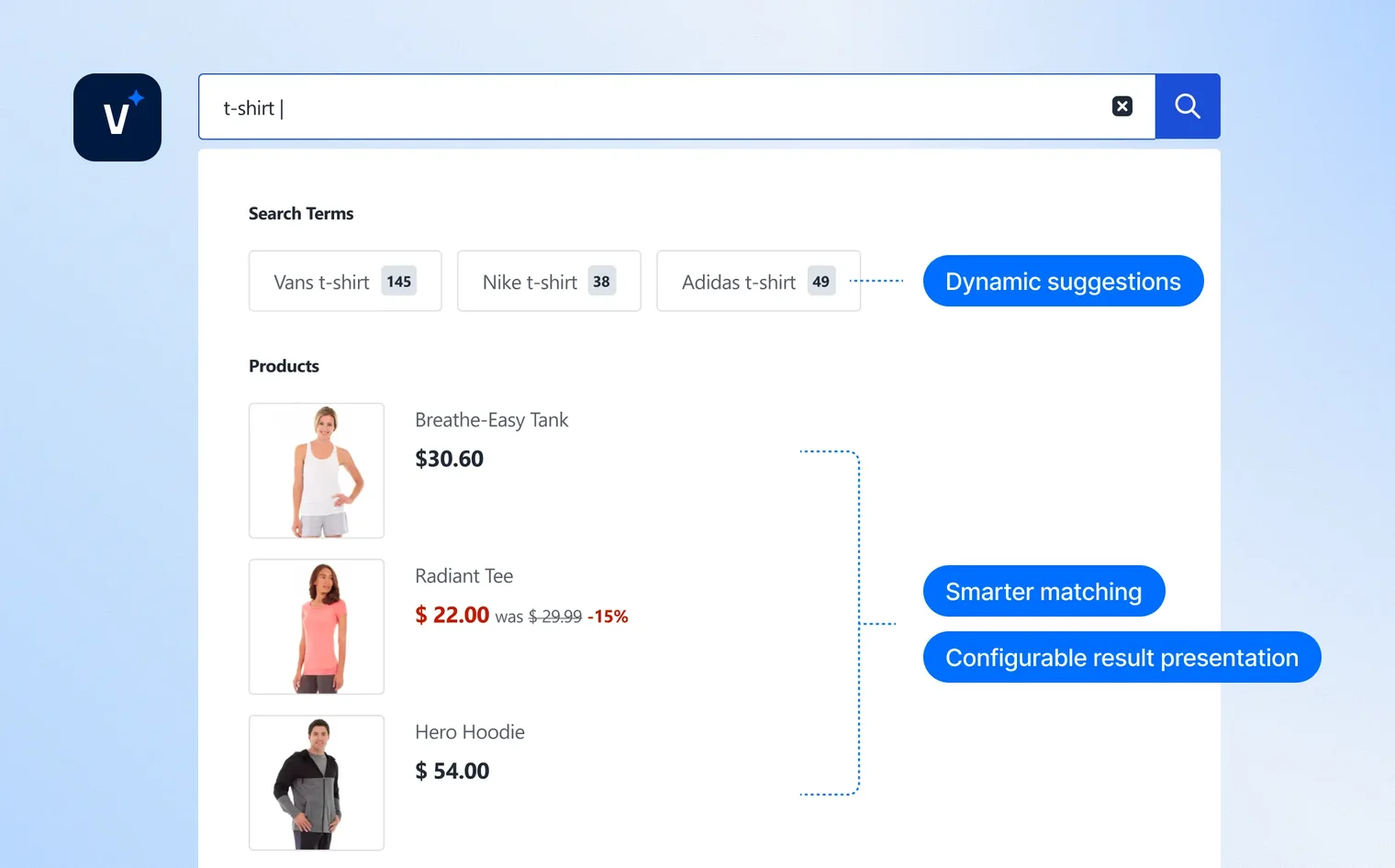 Search box with t-shirt typed, dynamic brand suggestions, and product results with prices and discounts.