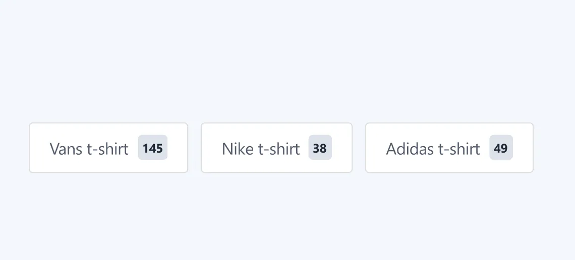 Buttons labeled Vans t-shirt 145, Nike t-shirt 38, Adidas t-shirt 49 with item counts.
