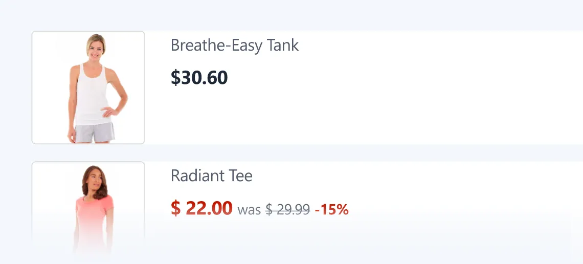 White Breathe-Easy Tank priced at $30.60 and pink Radiant Tee discounted to $22.00 from $29.99.