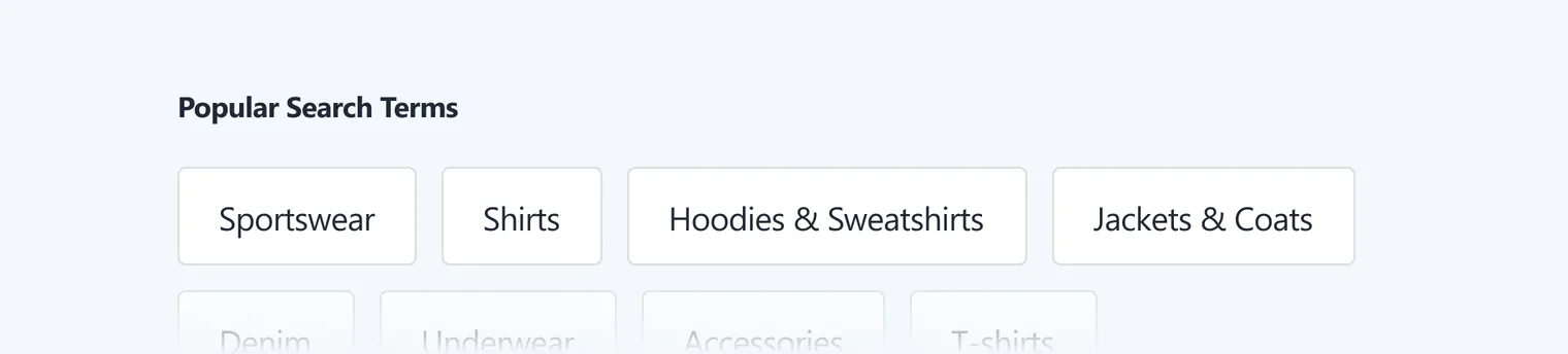 Popular search terms displayed: Sportswear, Shirts, Hoodies & Sweatshirts, Jackets & Coats.