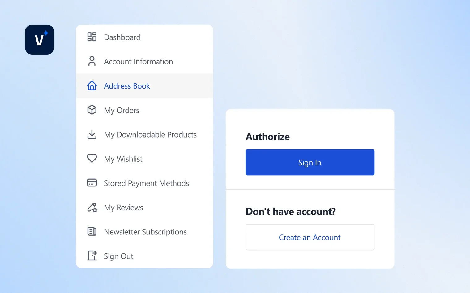 User account menu with options and authorization panel prompting to sign in or create an account.