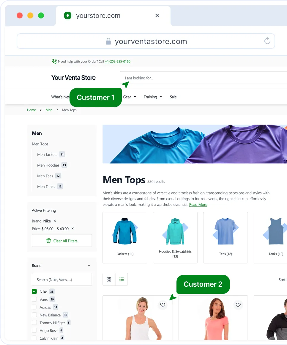 E-commerce page showing men's tops with filters for brand Nike and price, various clothing items displayed.