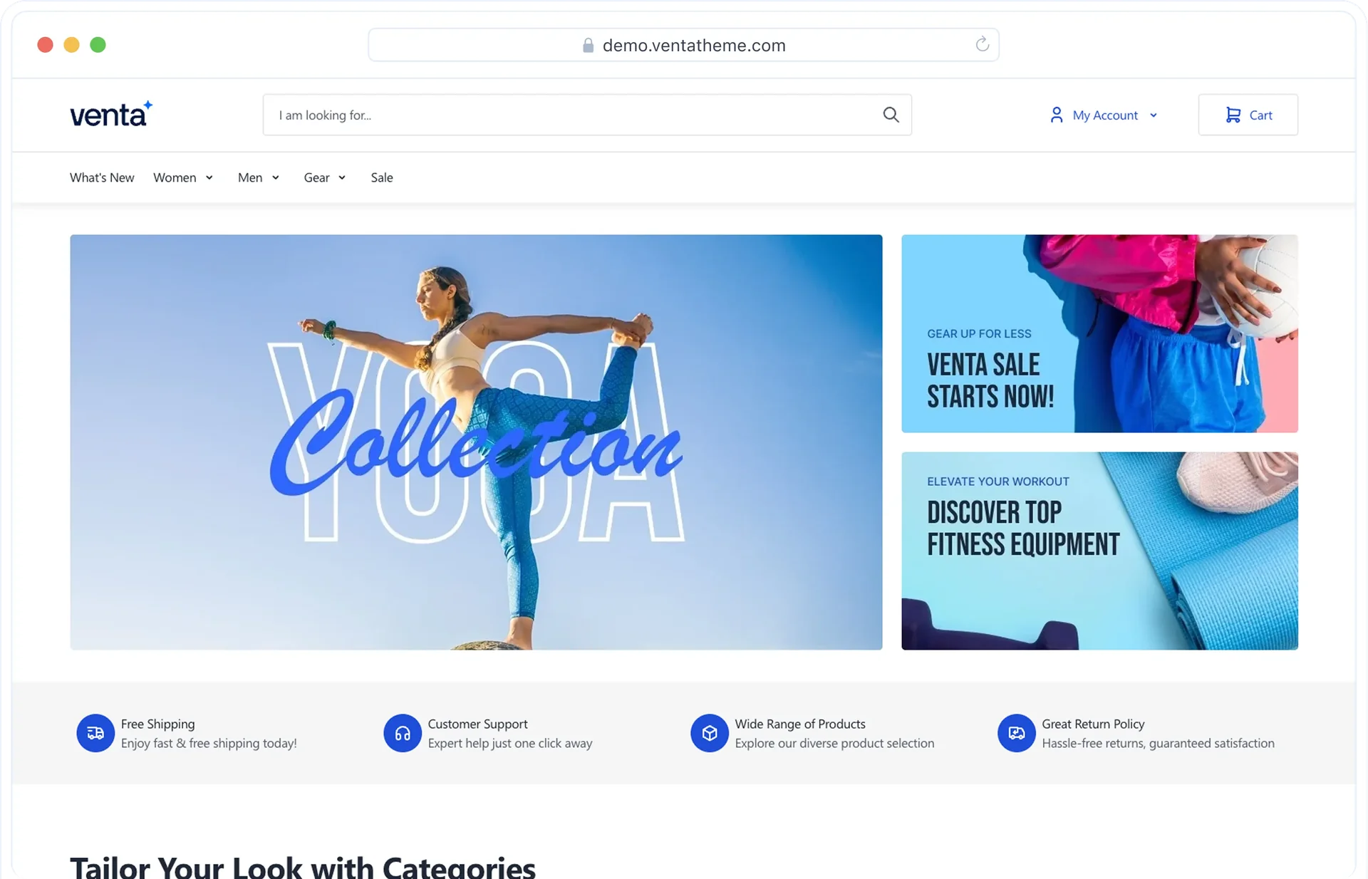 Woman in blue leggings doing a yoga pose outdoors under clear blue sky on venta website.