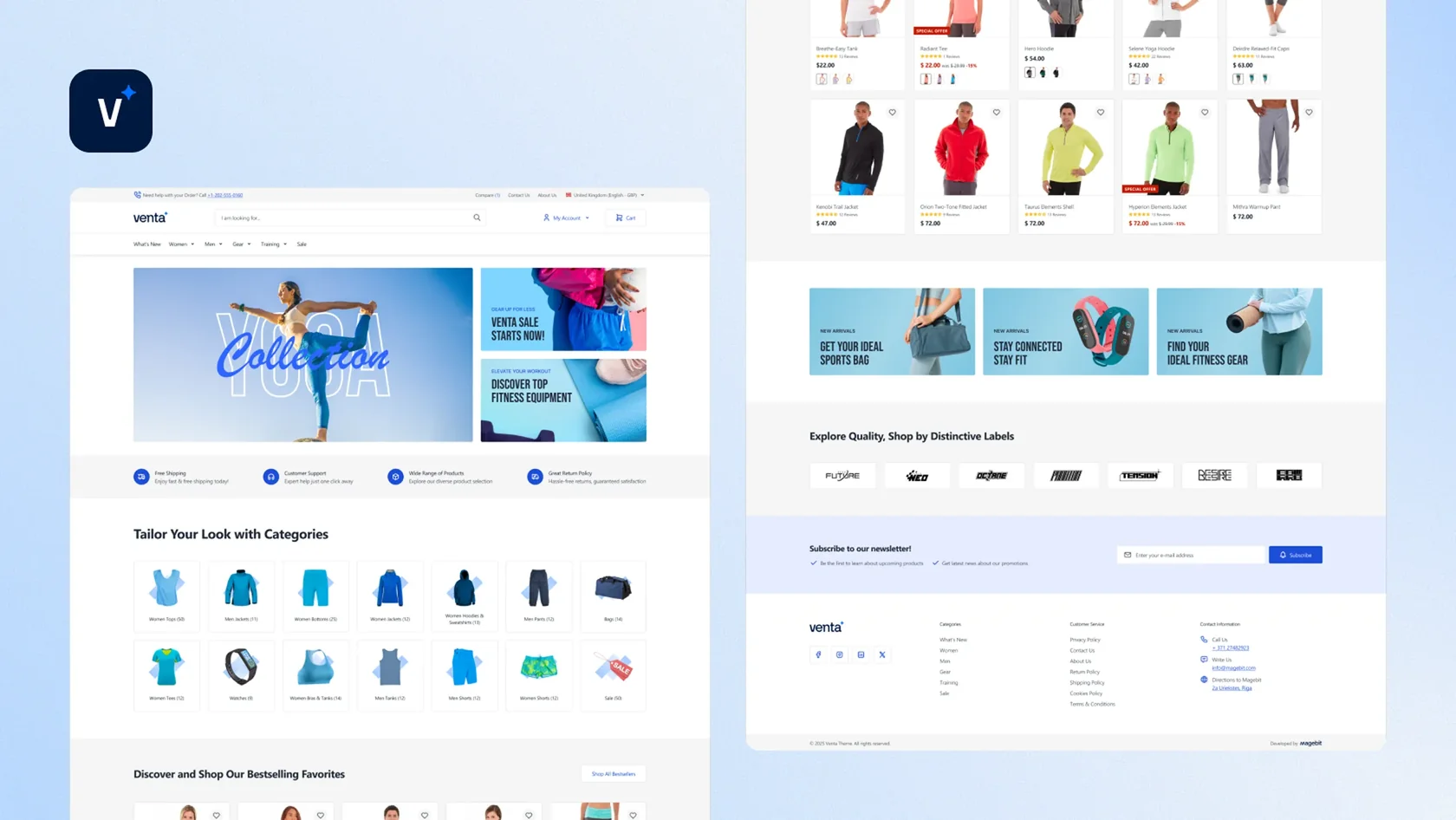 Venta online store homepage showcasing yoga collection, fitness gear, categories, and bestselling apparel.