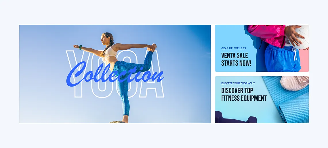 Woman in yoga pose under clear blue sky with text 'Yoga Collection' and fitness gear sale ads.