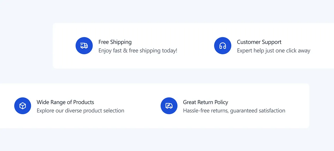 Icons with texts for free shipping, customer support, wide product range, and great return policy benefits.