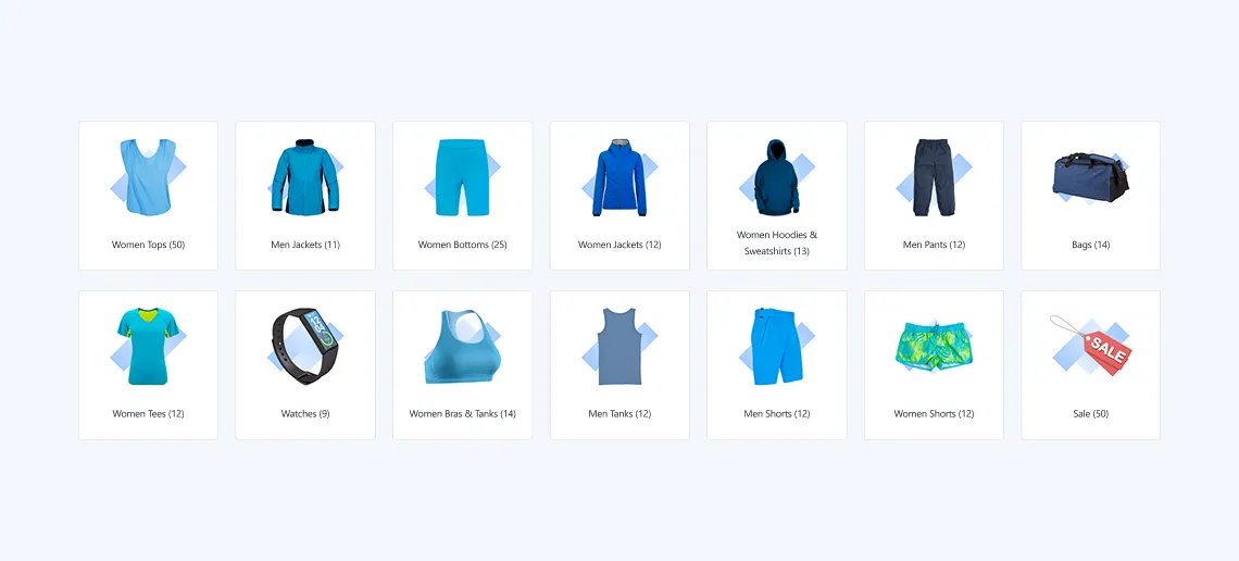 Grid of blue-themed clothing icons with category labels like Women Tops, Men Jackets, Bags, Watches, and Sale tag.