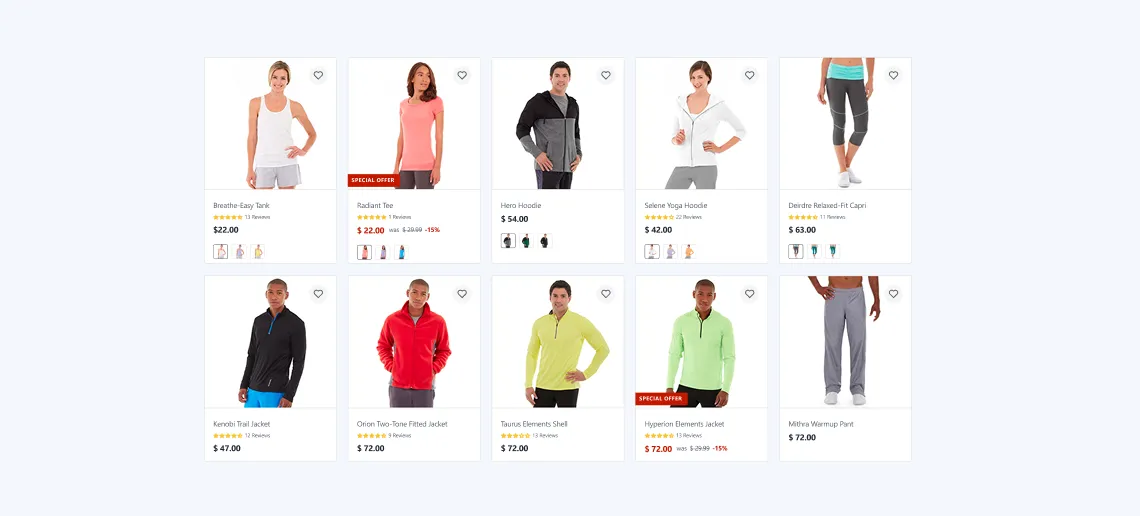 Grid of ten activewear clothing items with models, prices, and ratings including tanks, tees, jackets, hoodies, pants.