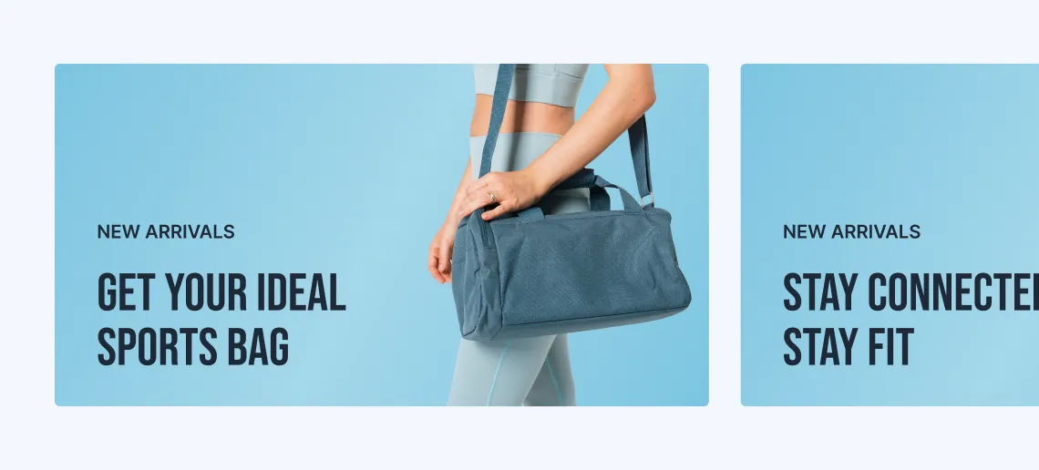 Person in gray sportswear carrying a blue sports bag on a blue background with text about new arrivals.