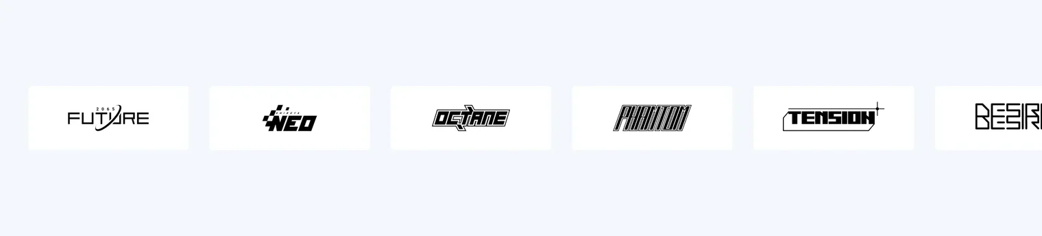 Row of futuristic black and white brand logos: FUTURE, NEO, OCTANE, PHANTOM, TENSION, BESI.