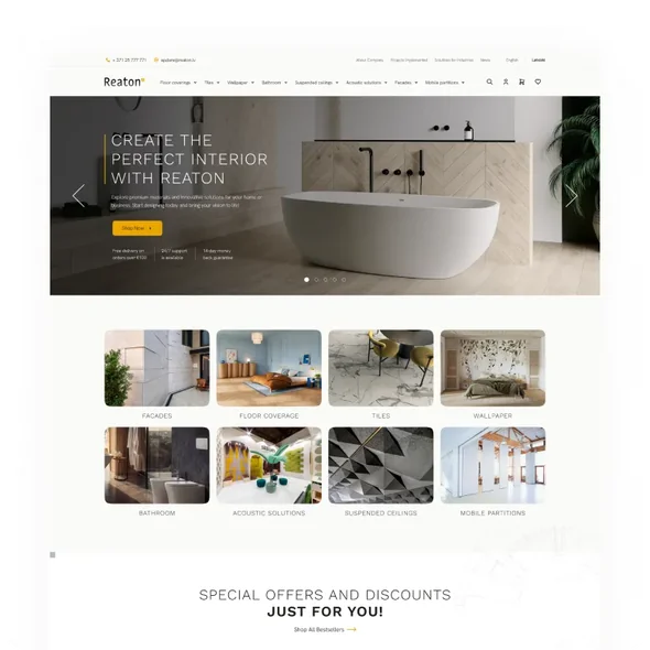 Website homepage featuring a modern bathroom with a white freestanding tub and interior design categories.