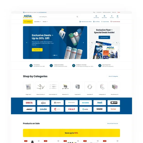 Website homepage showing exclusive dental deals, categories, brand logos, and products on sale with up to 55% off.
