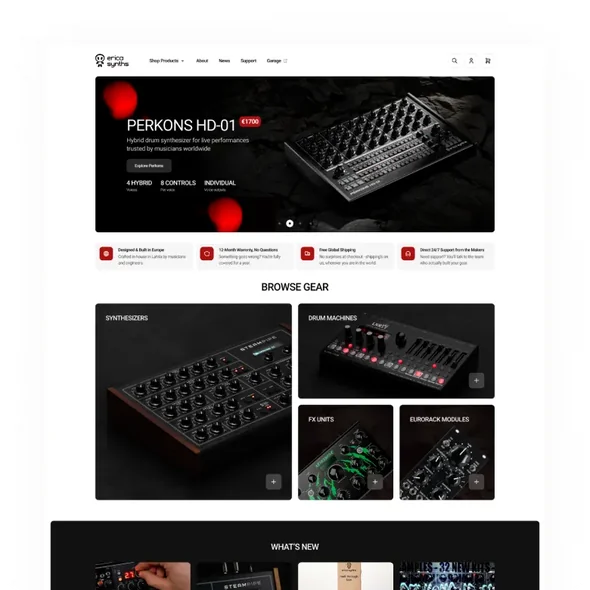 Erica Synths website showing hybrid drum synthesizer Perkons HD-01 and gear categories like synthesizers and drum machines.