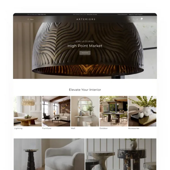 Website showing modern interior categories: lighting, furniture, wall decor, outdoor, and accessories.