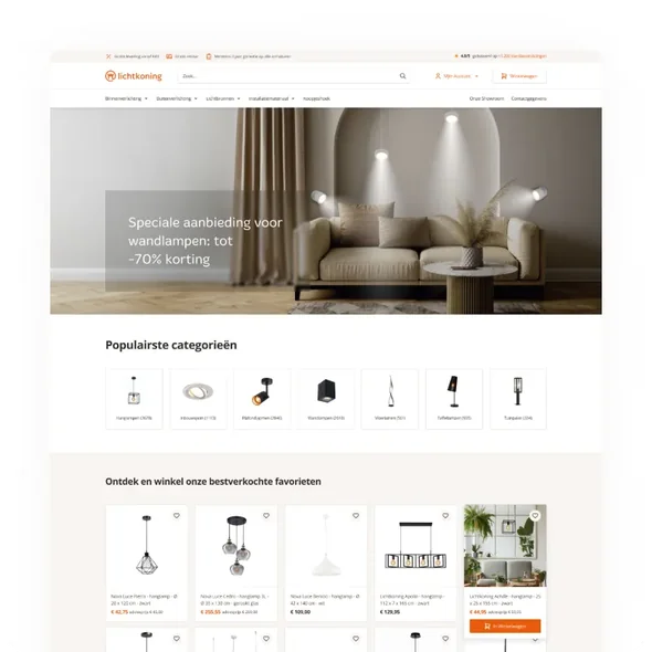 Website homepage showcasing lighting products with a sofa scene and a 70% discount on wall lamps.