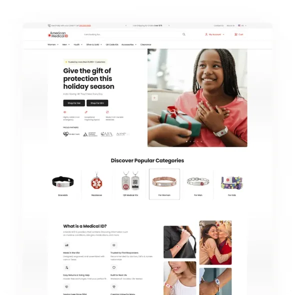 Medical ID website homepage showing product categories, promo of a girl with a gift, and product benefits.