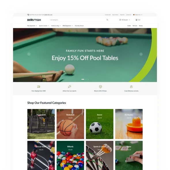Website homepage offering 15% off pool tables with categories like trampolines, basketball, soccer, and air hockey.
