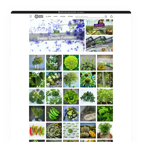 Online seed catalog page showing various plants, flowers, and vegetables with a banner for Bachelor’s Button.