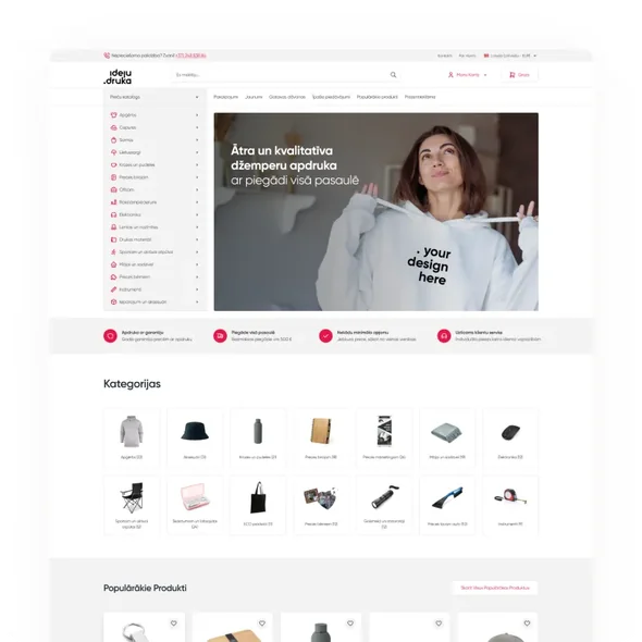Website homepage showing sweatshirt printing with woman holding hoodie and online product categories.