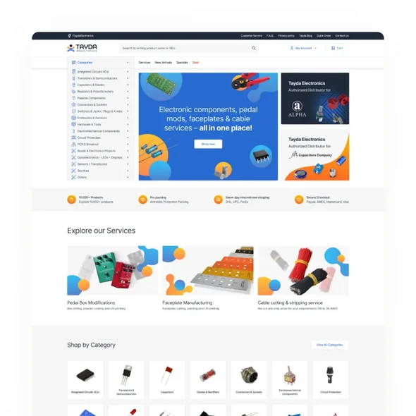 Tayda Electronics homepage showing electronic parts, services like pedal mods, faceplate manufacturing, and cable cutting.