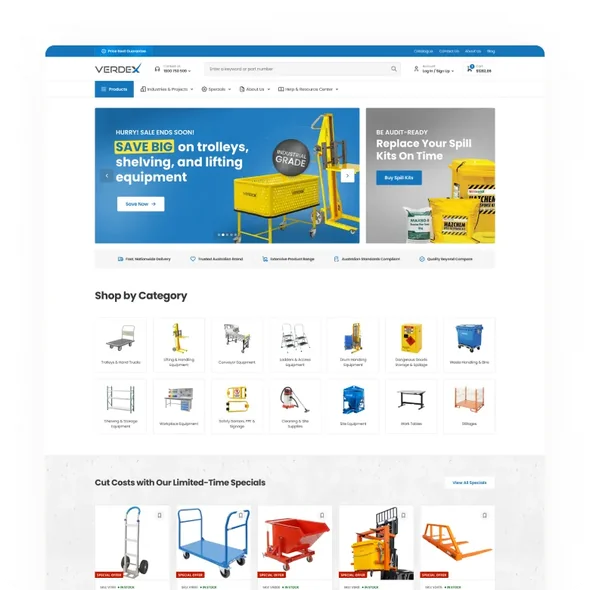 Verdex website homepage with sale on trolleys, shelving, spill kits, and categories of industrial equipment.
