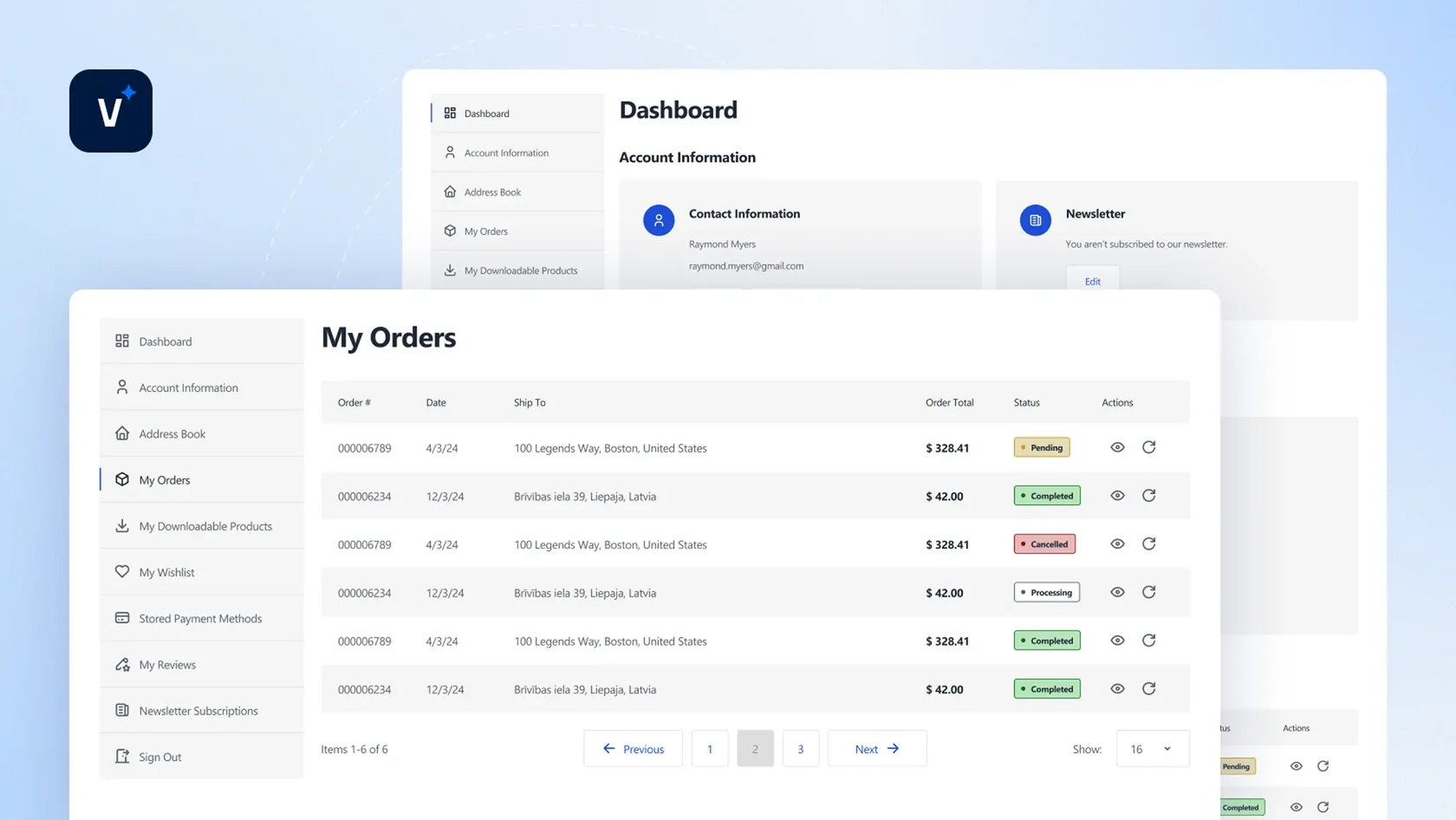 User dashboard interface showing account info and order list with statuses and navigation options.