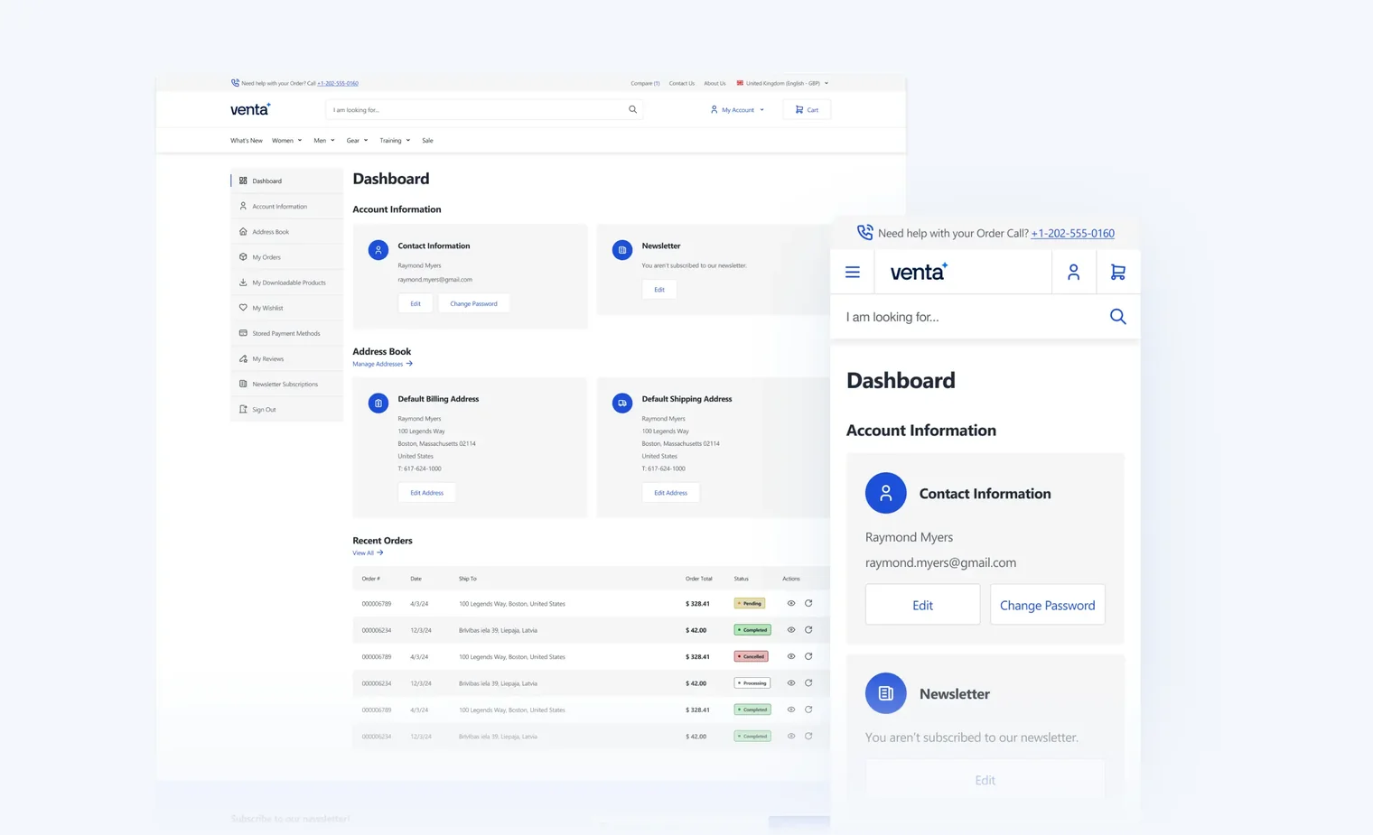 User dashboard showing account info, address book, newsletter subscription, and recent order statuses.