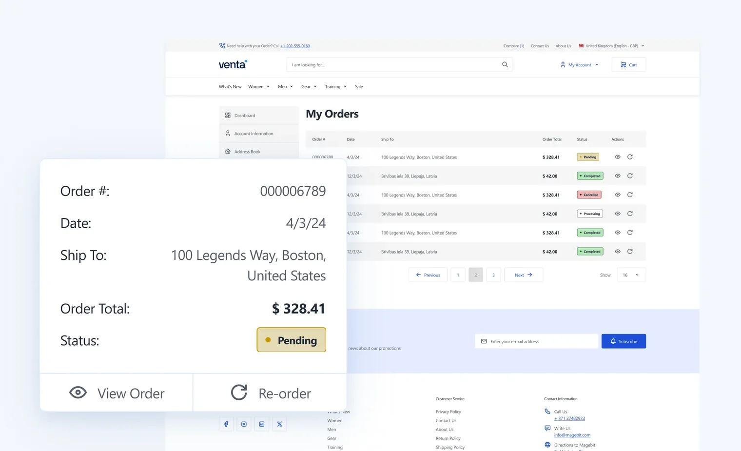 Online order page showing order 000006789 to Boston for $328.41 with status pending and reorder option.