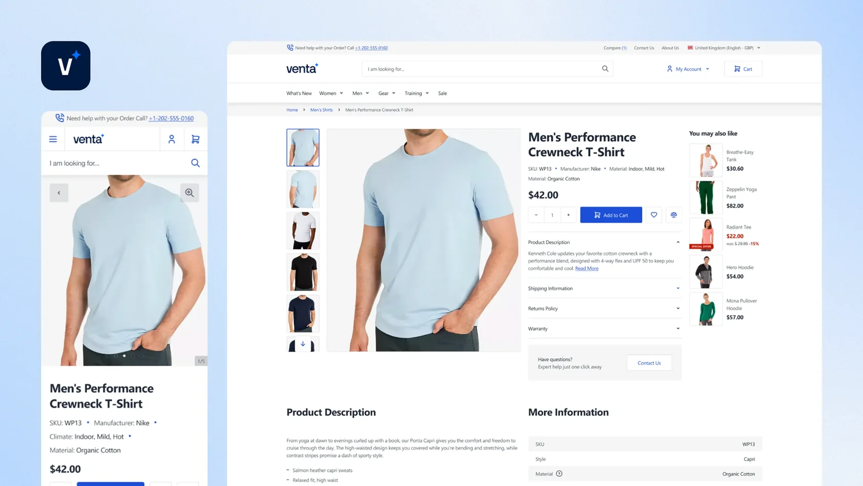 E-commerce product page showing men's blue performance crewneck T-shirt priced at $42 with details and related items.