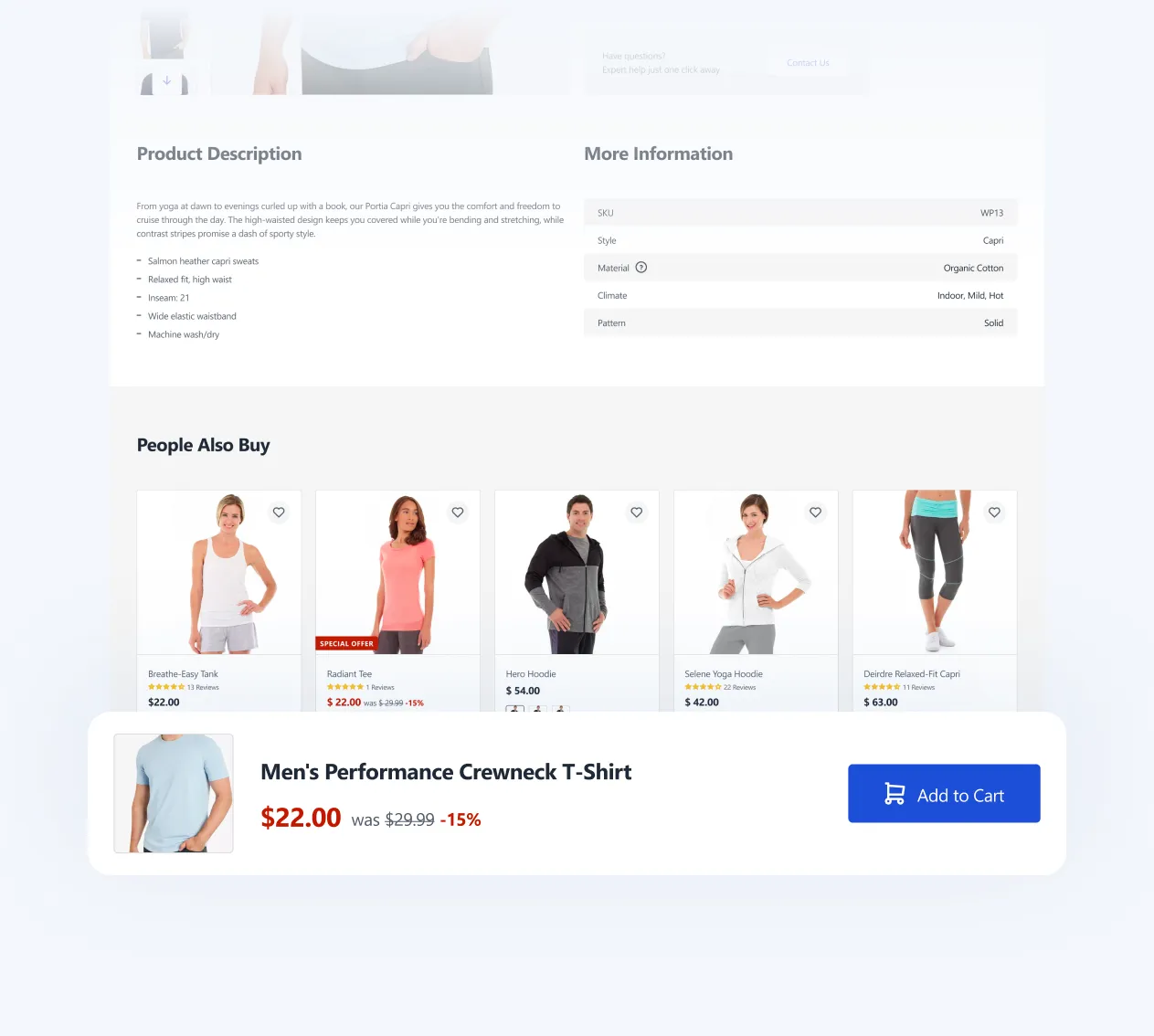 Product description and related items including tank tops, hoodies, and capri pants with prices and reviews.