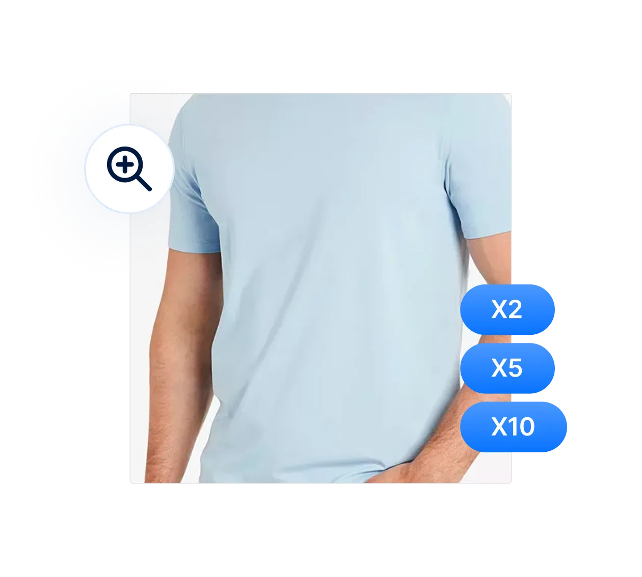 Man wearing a plain light blue short-sleeve t-shirt with hand in pocket, on white background.