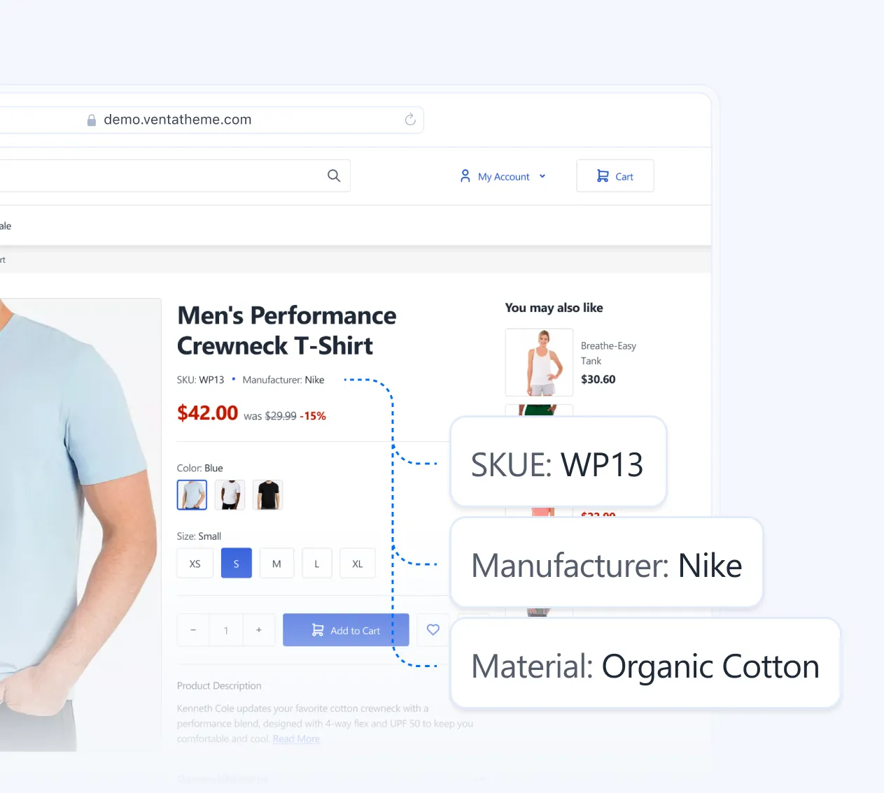 Online product page showing men's performance crewneck T-shirt by Nike priced at $42.00 in blue, size small.