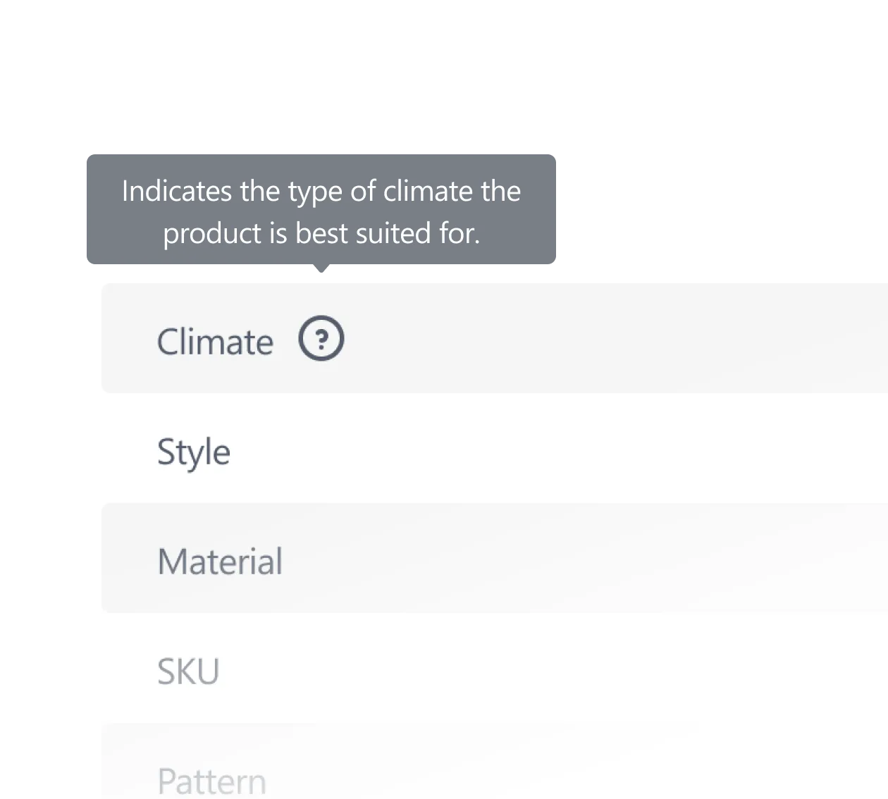 Product detail categories: Climate with description, Style, Material, SKU, and Pattern.