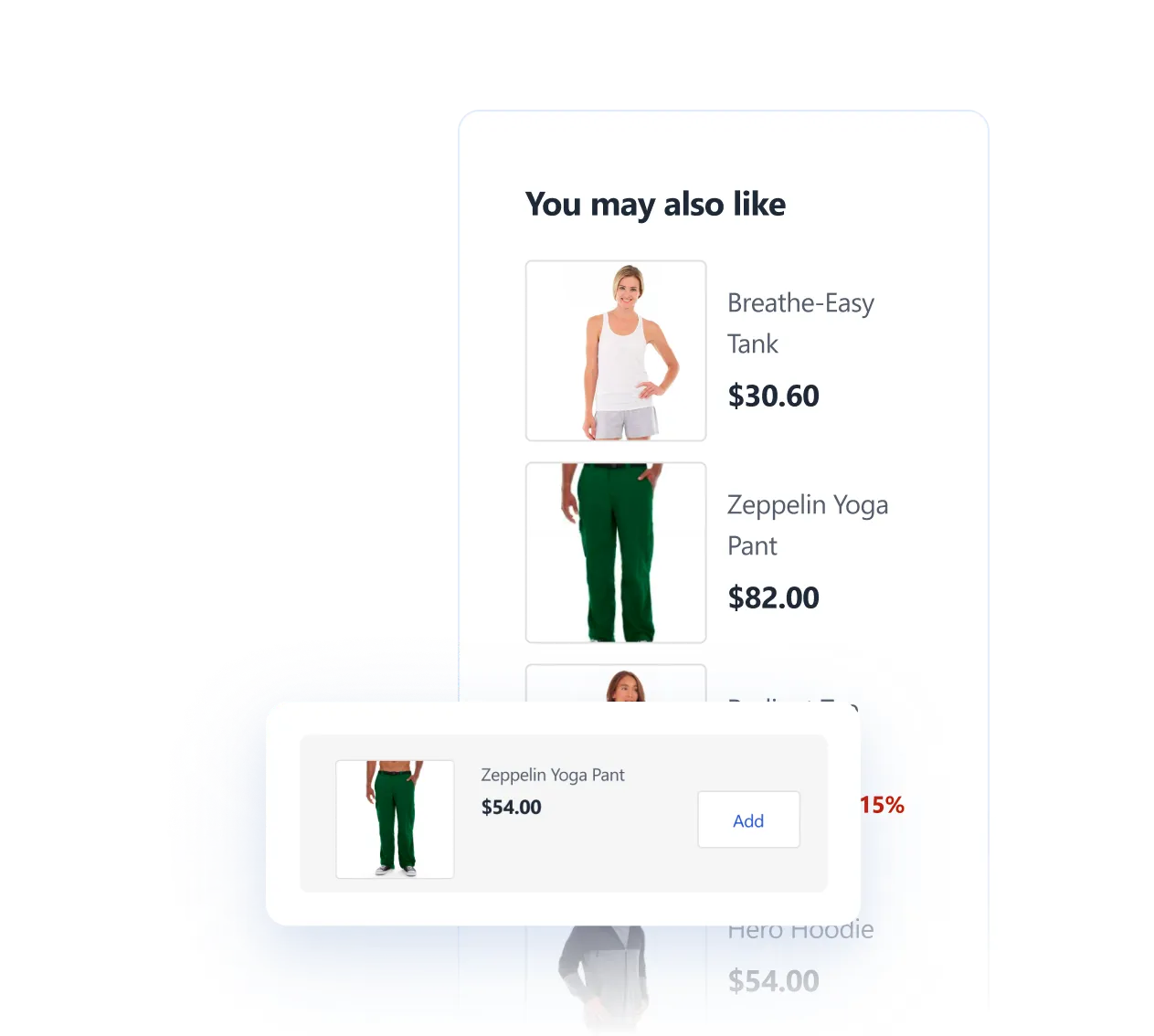 Web product suggestions showing a woman in a white tank top and green yoga pants with prices.