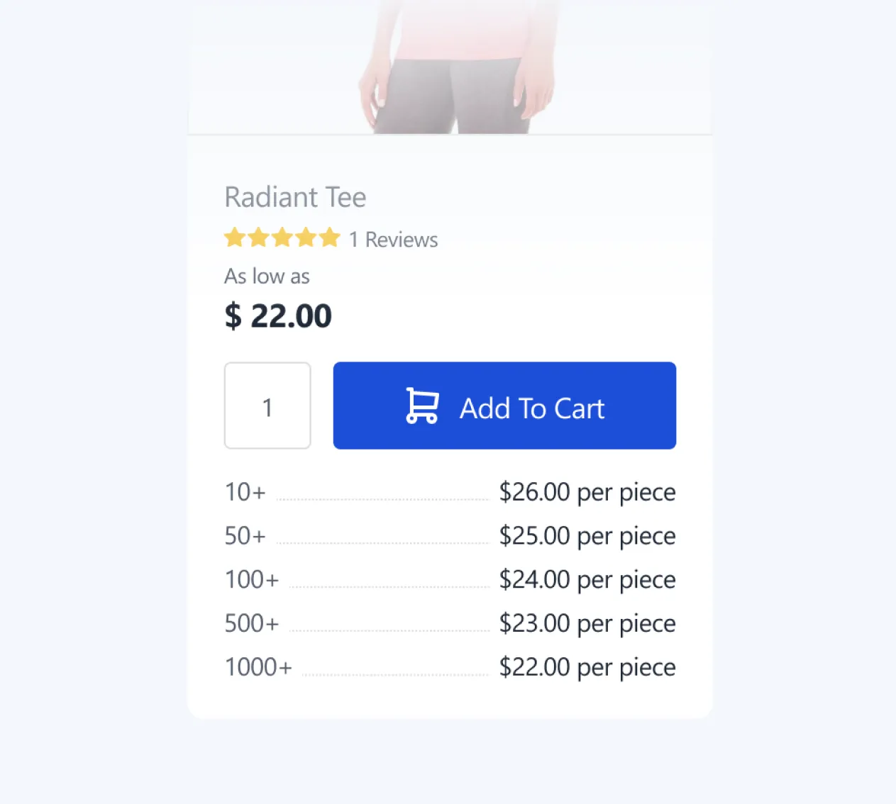 Product card for Radiant Tee priced at $22 with quantity pricing and an add to cart button.