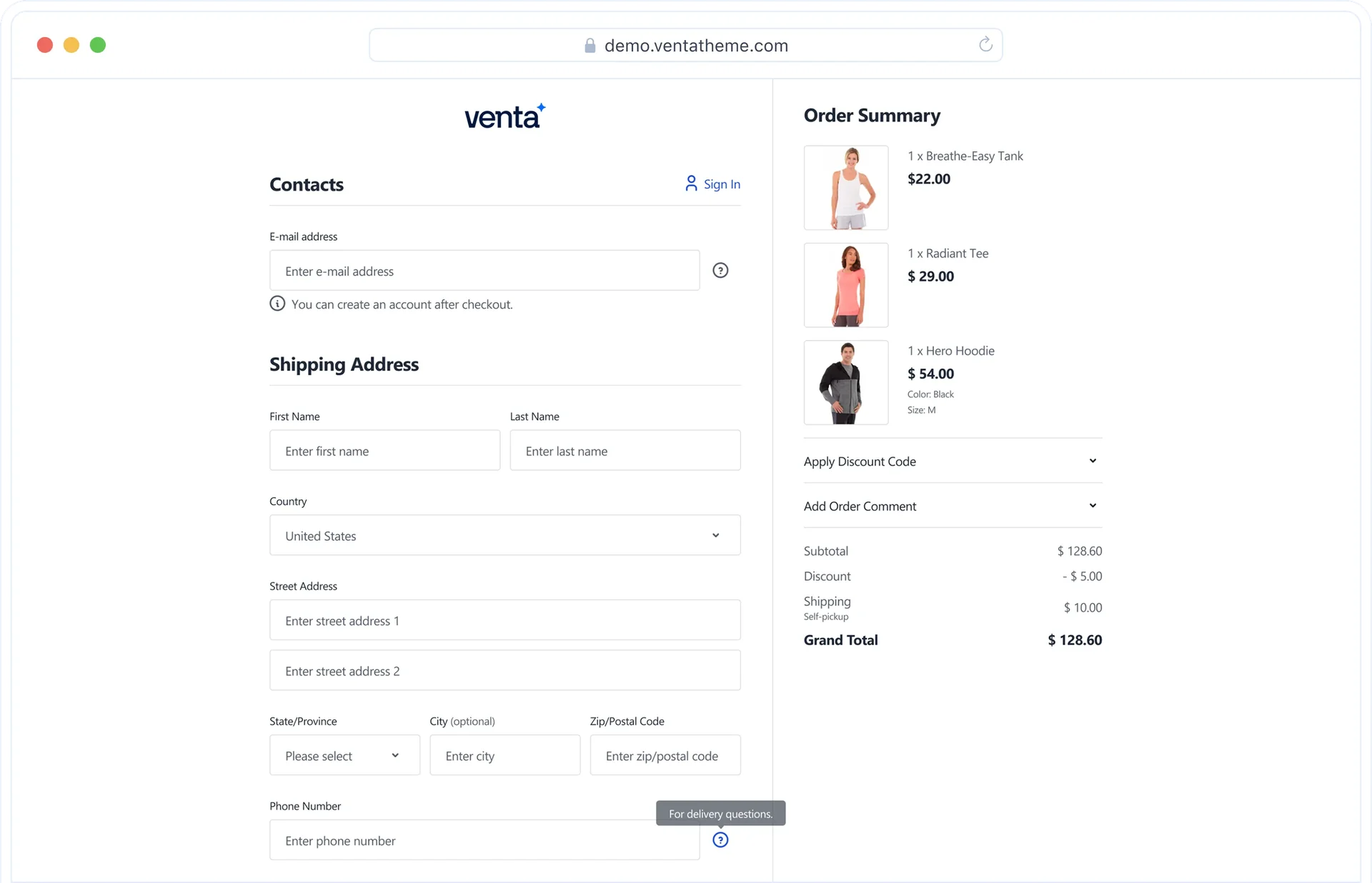 Venta online checkout page with contact info, shipping address form, and order summary with items and total.
