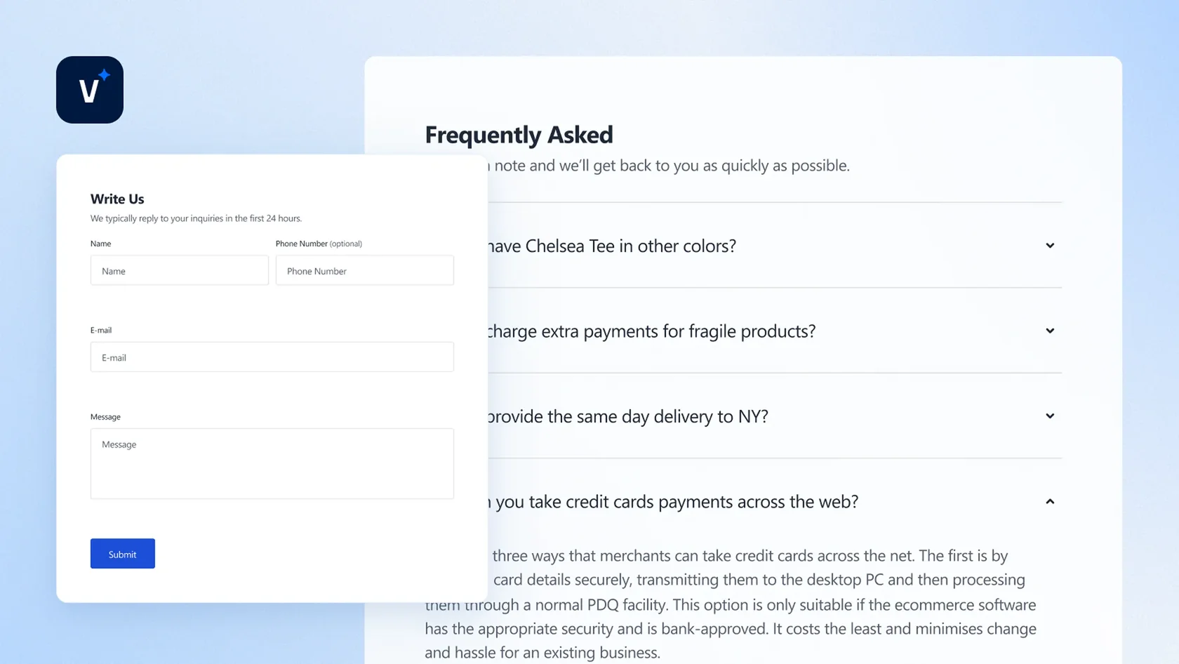 Contact form with fields for name, optional phone, email, message, and a submit button on FAQ page.