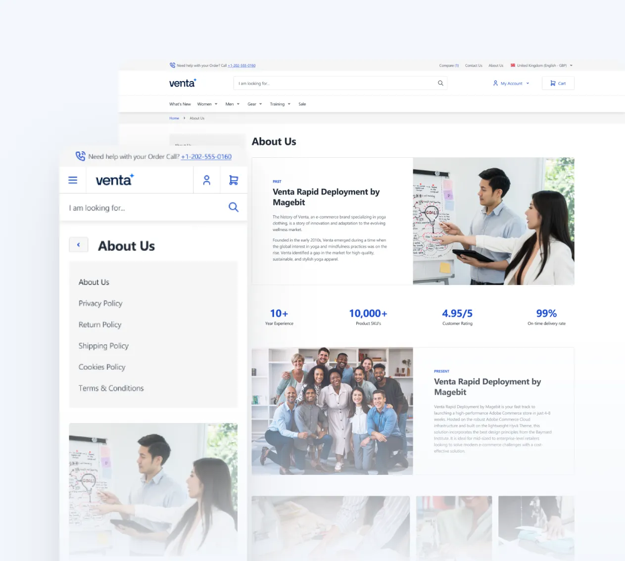 Venta website About Us page showing company info, team photo, and key stats like ratings and delivery rate.