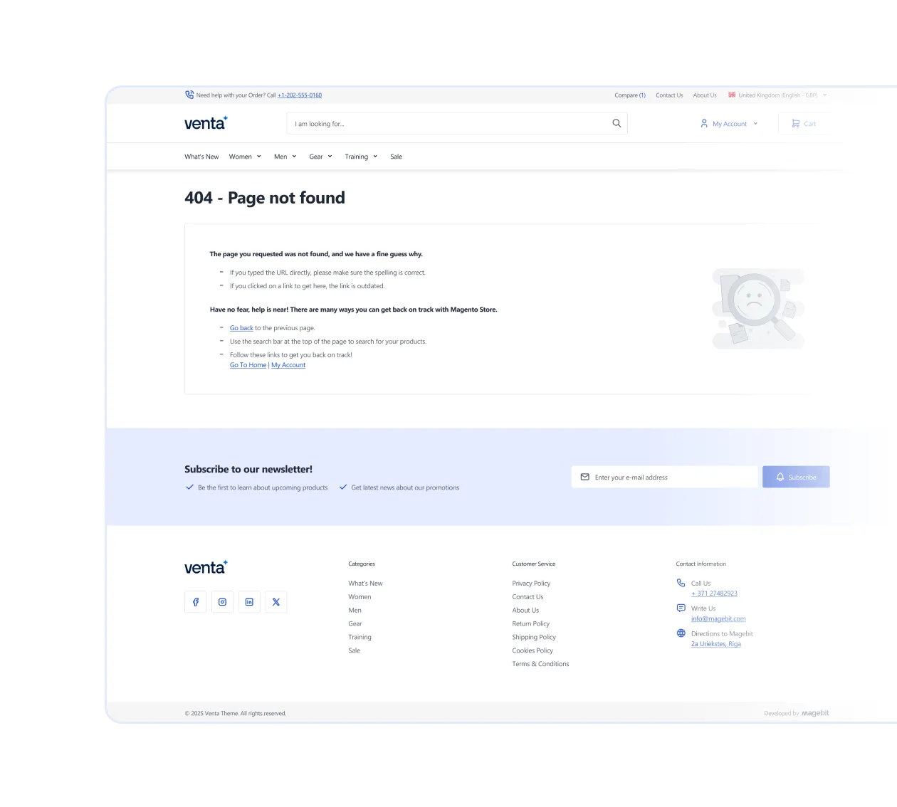 Venta website 404 error page with navigation, search bar, help tips, newsletter signup, and footer info.