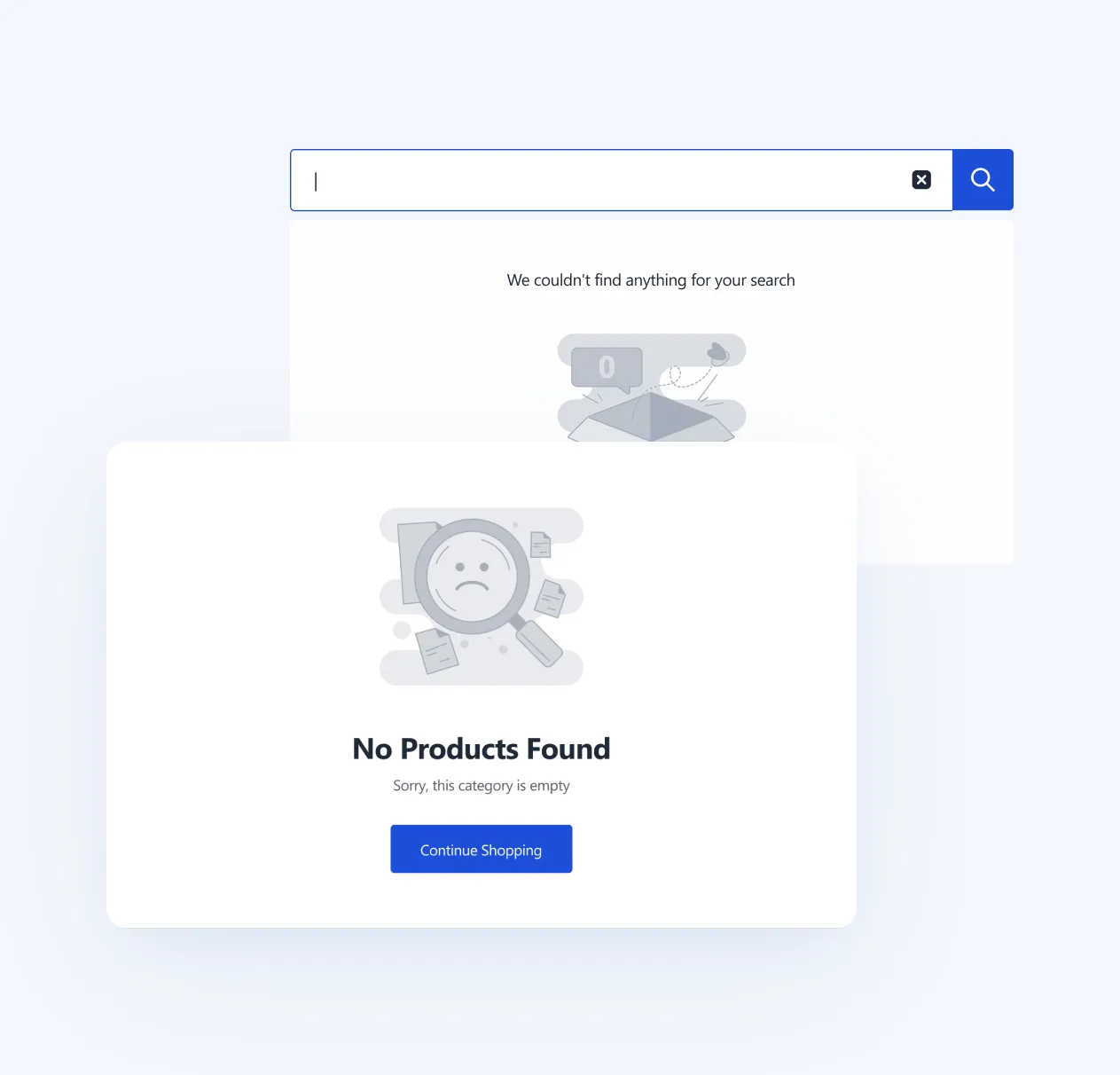 Search bar with message stating no products found and a blue Continue Shopping button below.