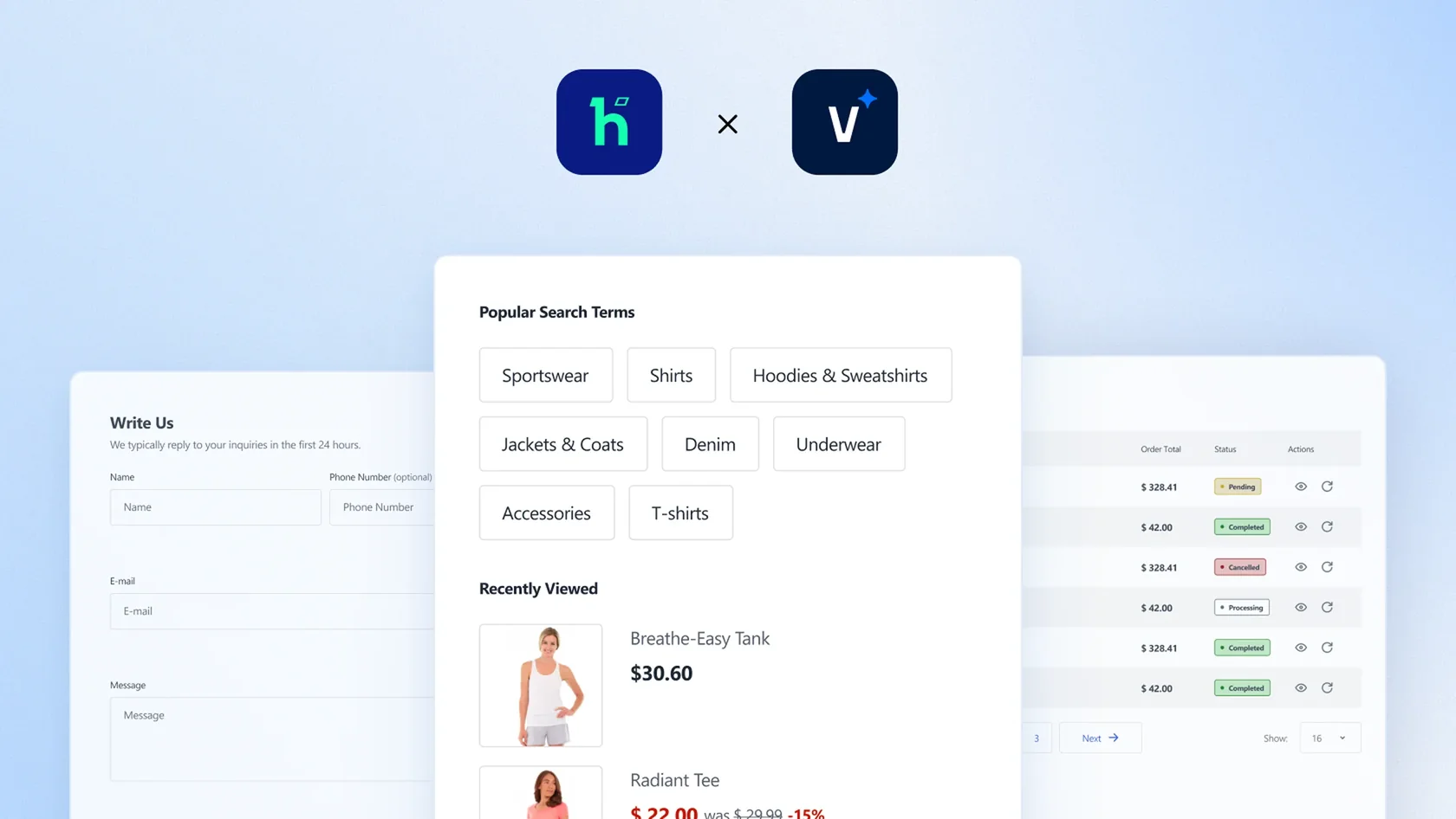 E-commerce UI showing search terms, product listings with prices, customer inquiry form, and order status table.