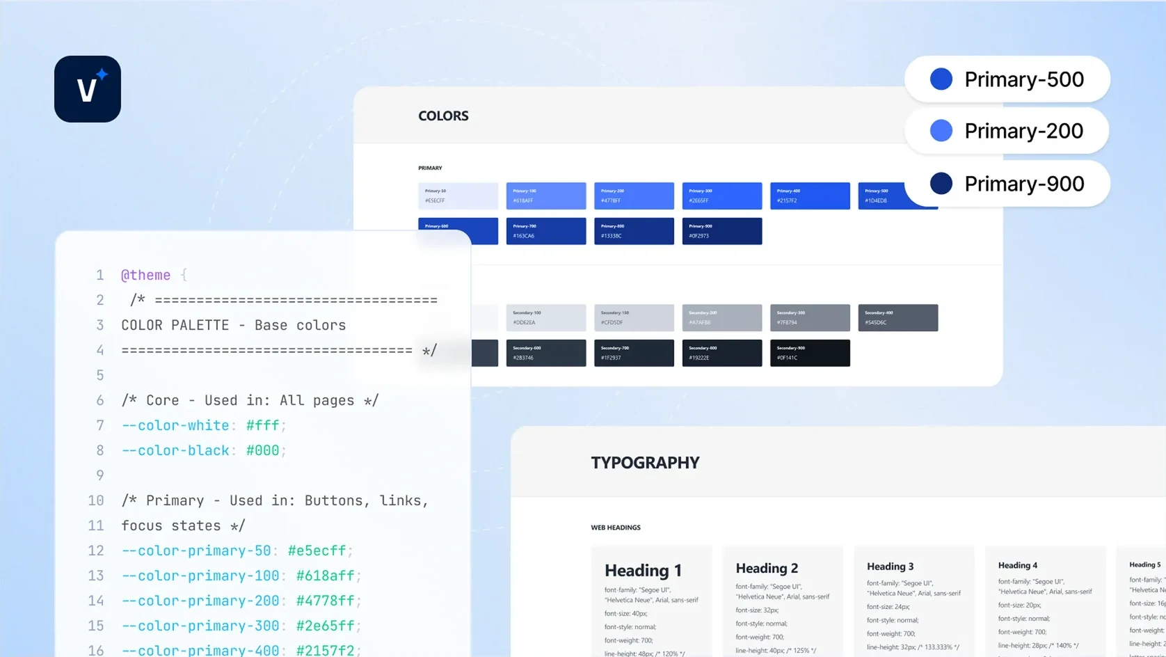 Design theme structure showing base color codes, primary colors palette, and typography heading styles.