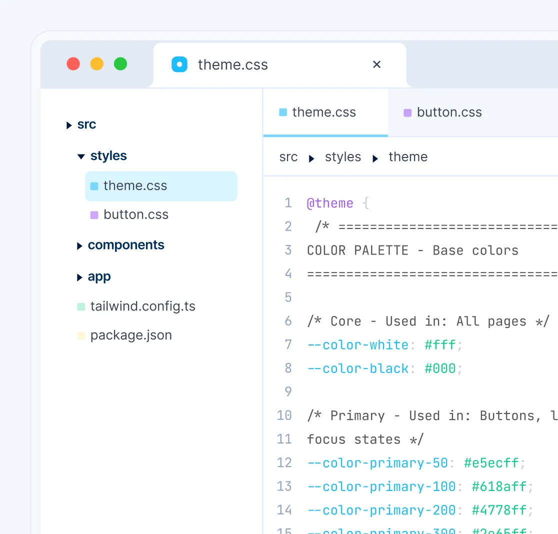 Code editor open to theme.css file showing CSS variables for color palette and primary colors.